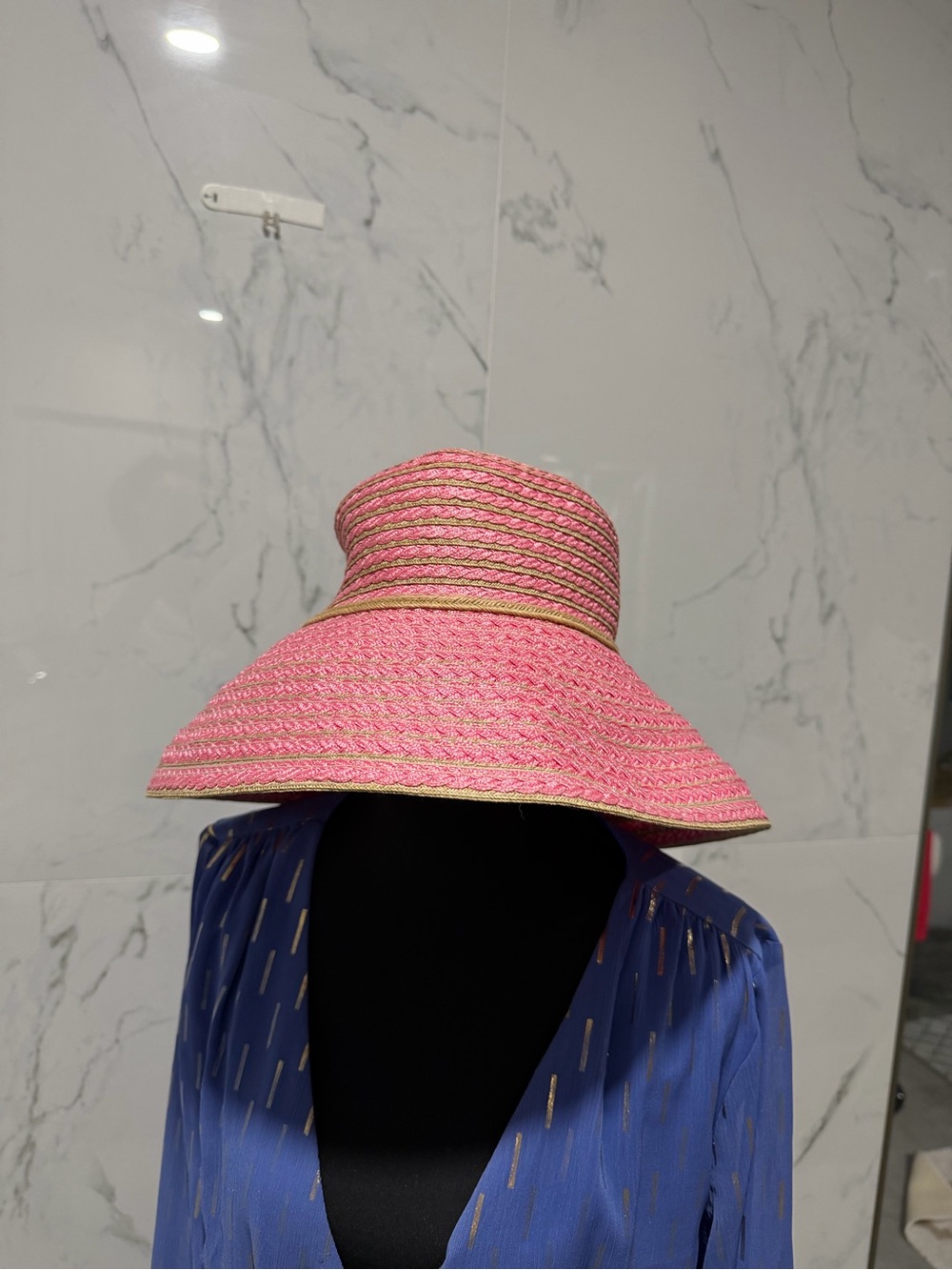 Eric Javits Pink Straw Wide-Brim Sun Hat with beige Trim